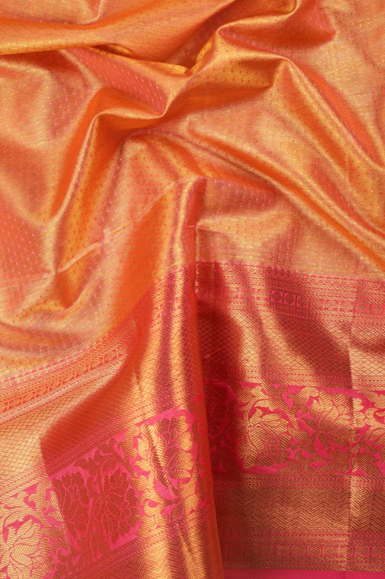 Apricot Orange Kanchipuram Silk Sarees with Gold Zari Geometric Shapes view 3