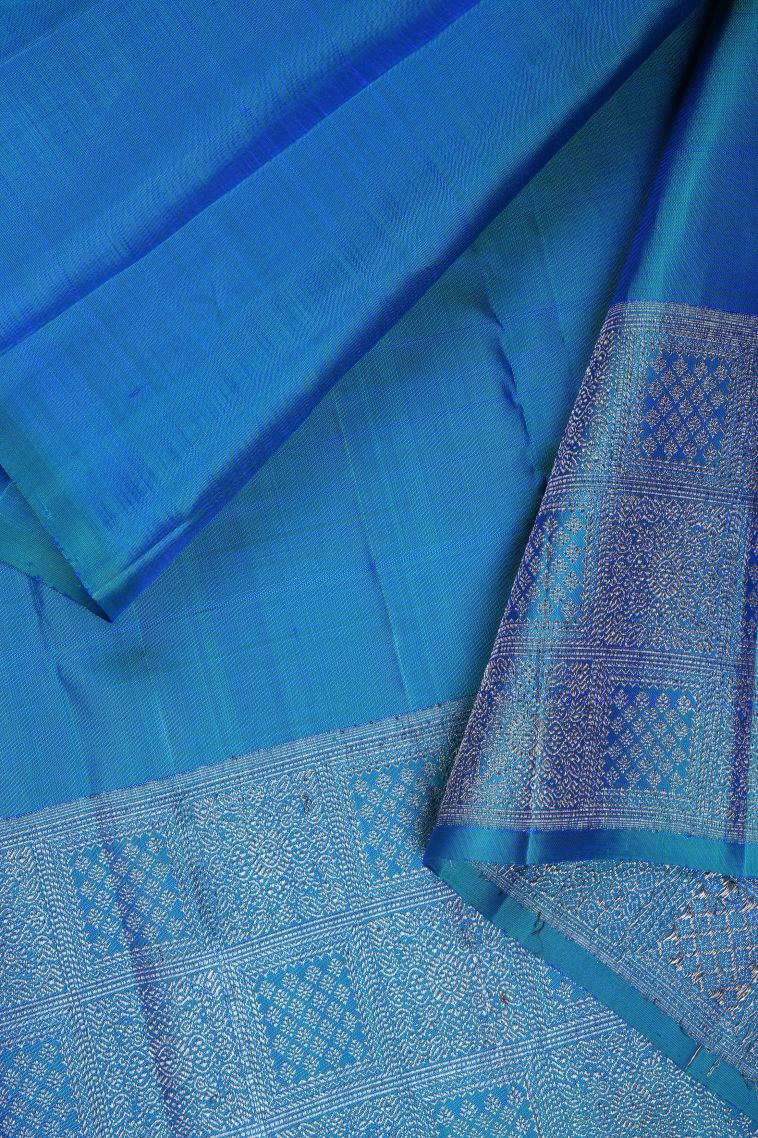 Peacock Blue Kanchipuram Silk Sarees with Silver Zari Buttis (small Dots Or Motifs) view 3