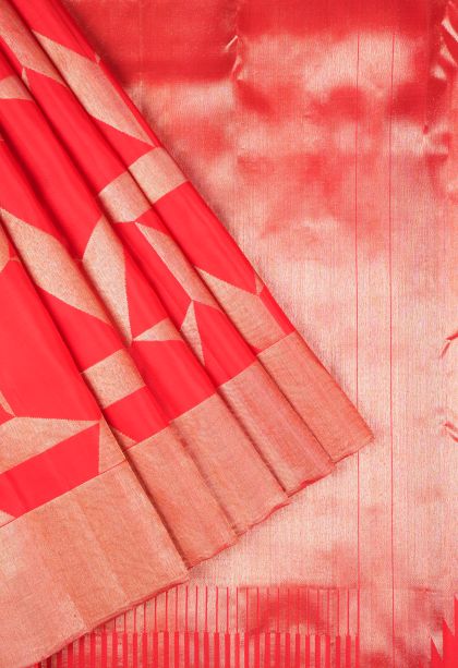 Rose  Red Kanchipuram Silk Sarees with Gold Zari Geometric Shapes