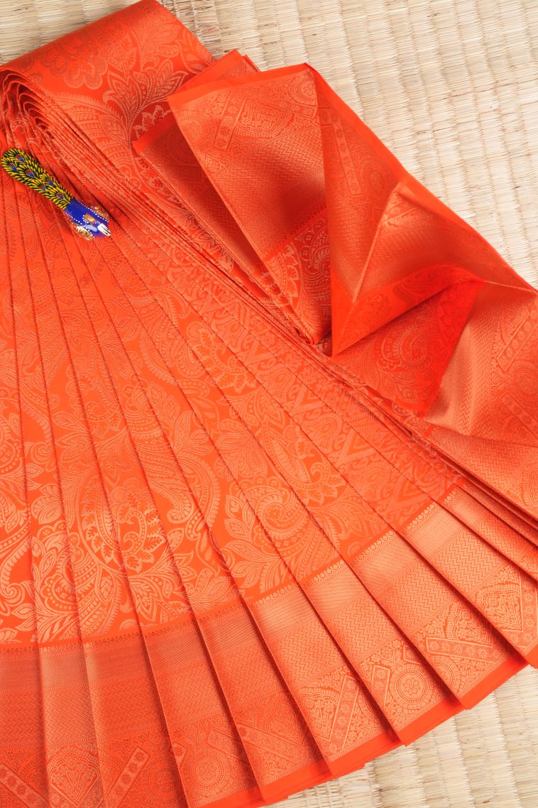 Tiger Orange Visiri Madippu Silk Sarees with Copper Zari Floral Patterns view 1