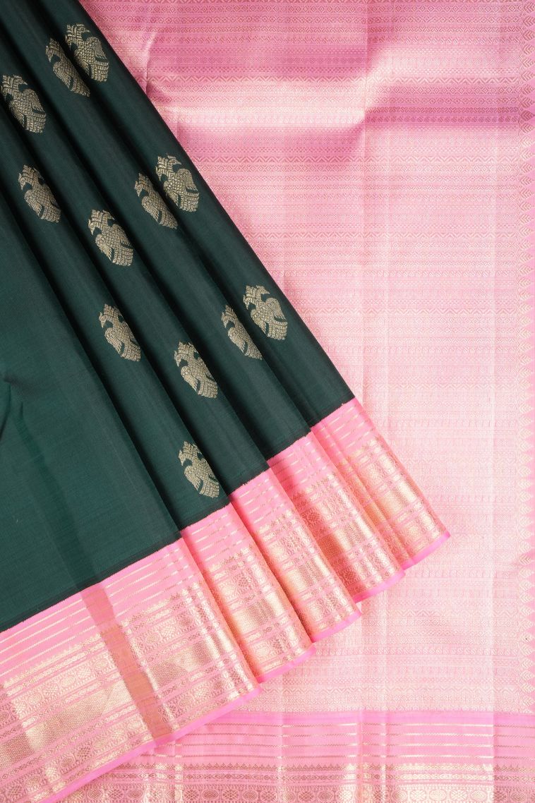 Bottle Green Kanchipuram Silk Sarees with Gold Zari Buttis (small Dots Or Motifs) view 1