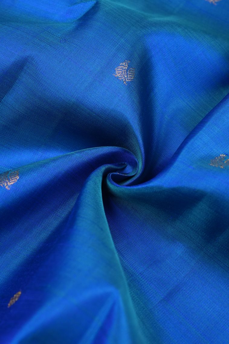 Peacock Blue Kanchipuram Silk Sarees with Gold Zari Buttis (small Dots Or Motifs) view 4