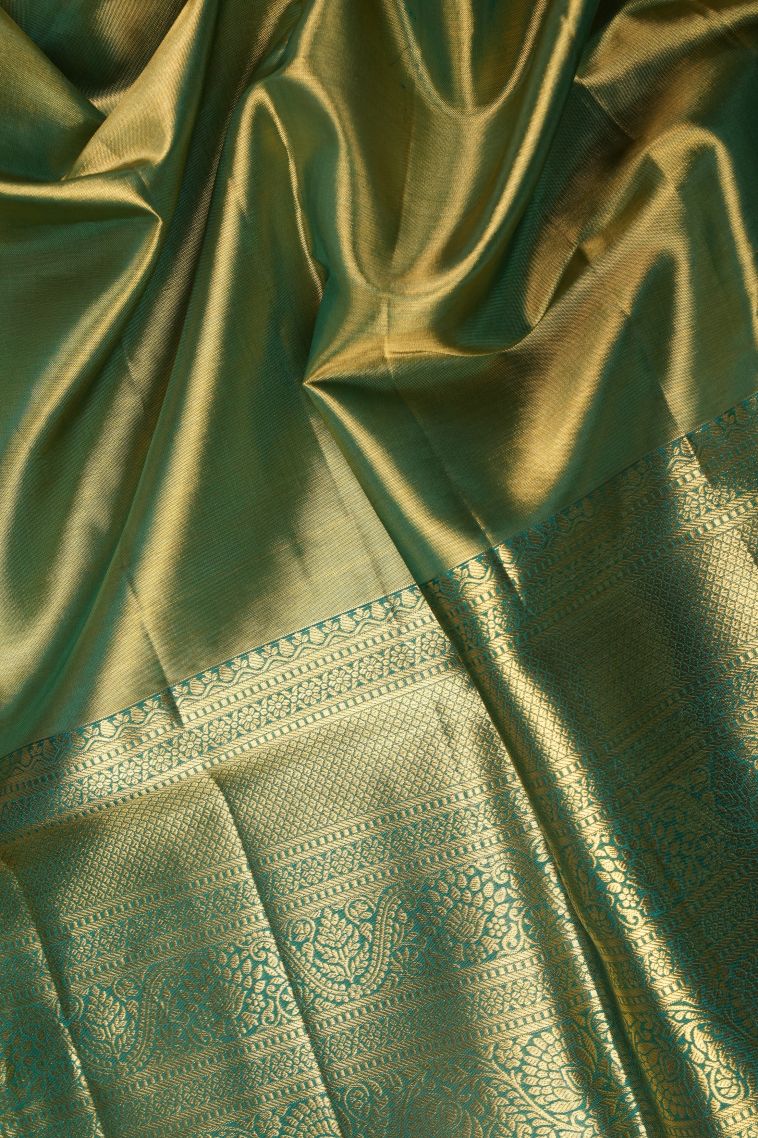 Emerald Green Kanchipuram Silk Sarees with Gold Zari Floral Patterns view 3
