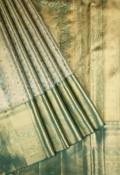 Emerald Green Kanchipuram Silk Sarees with Gold Zari Floral Patterns