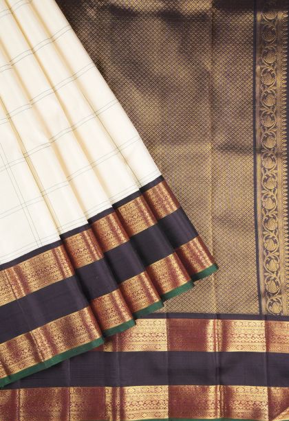 Cream White Kanchipuram Silk Sarees with Without Zari Zari Checks