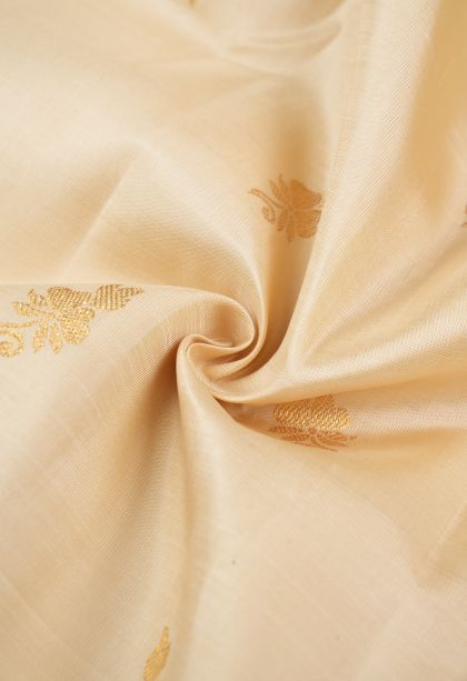 Cream White Kanchipuram Silk Sarees with Gold Zari Buttis (small Dots Or Motifs)