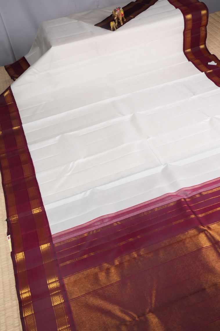 Powder White Kanchipuram Silk Sarees with Without Zari Zari Plain view 2