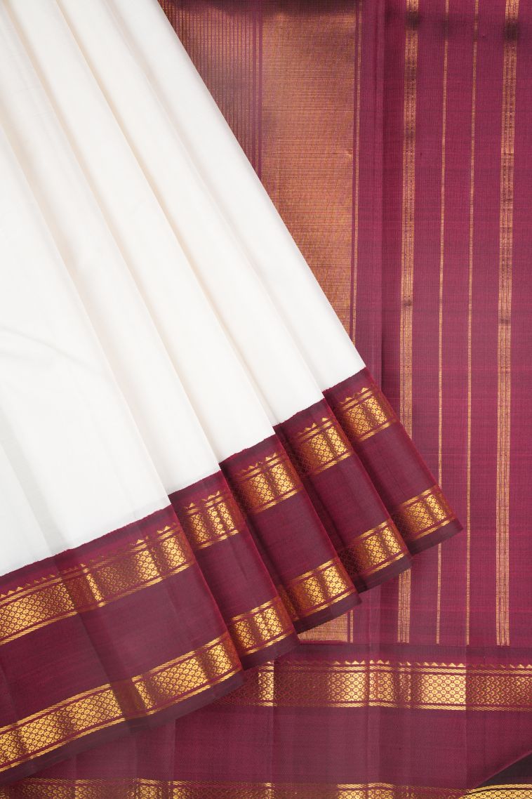 Powder White Kanchipuram Silk Sarees with Without Zari Zari Plain