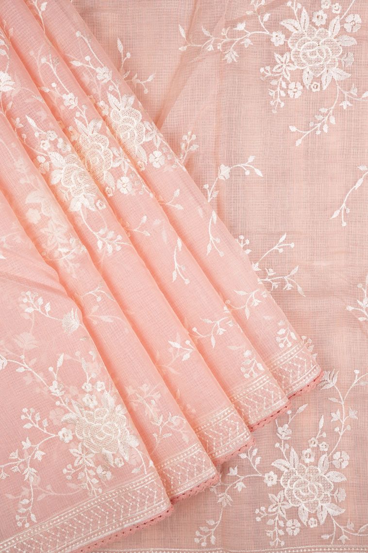 Peach Pink Organza Saree with Without Zari Zari Floral Patterns view 1