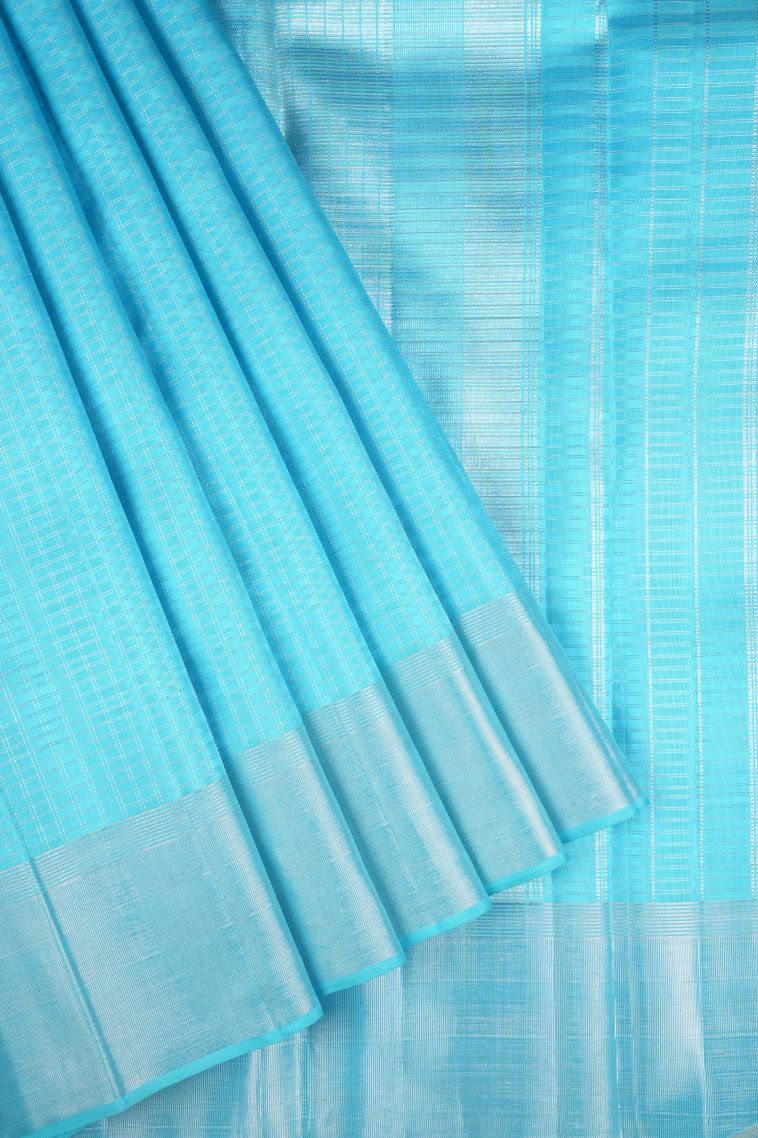 Arctic Blue Kanchipuram Silk Sarees with Gold Zari Checks view 1