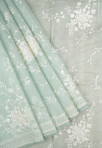 Pistachio Green Organza Saree with Without Zari Zari Floral Patterns