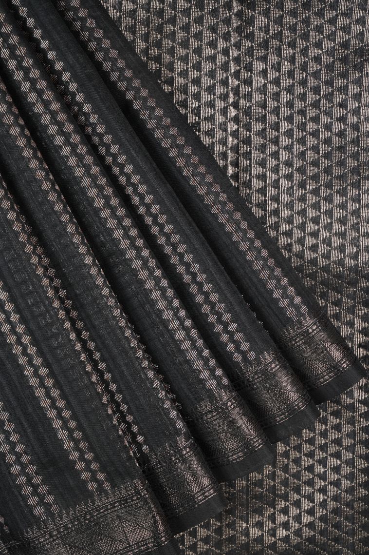 Asphalt Black Jute Sarees with Copper Zari Stripes view 1