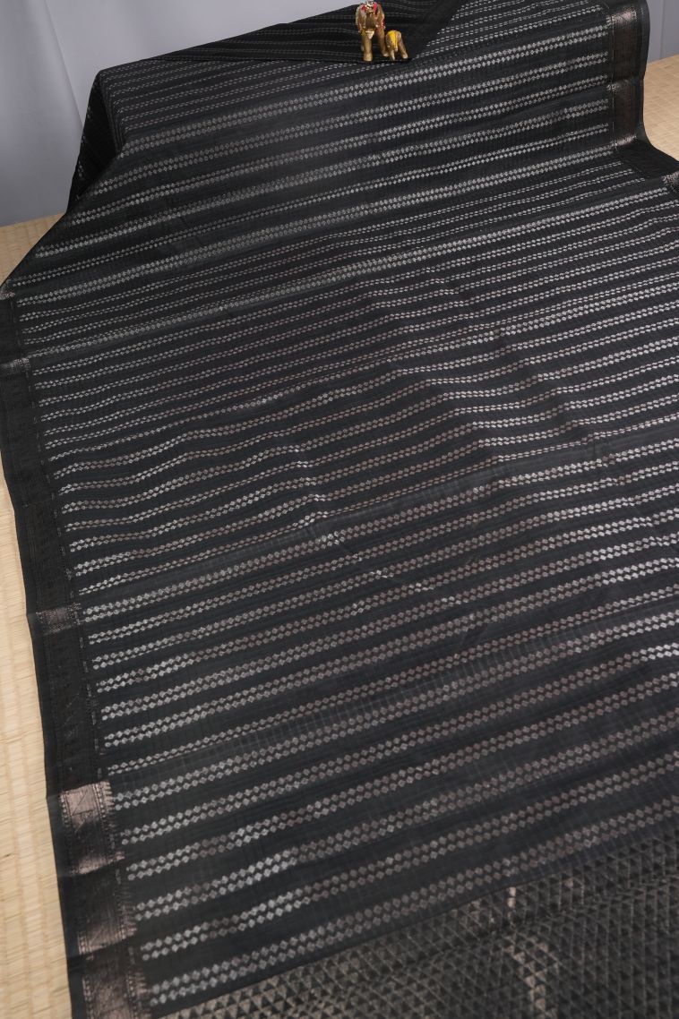 Asphalt Black Jute Sarees with Copper Zari Stripes view 2