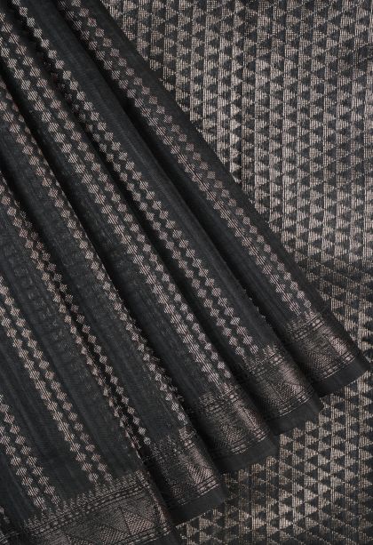 Asphalt Black Jute Sarees with Copper Zari Stripes
