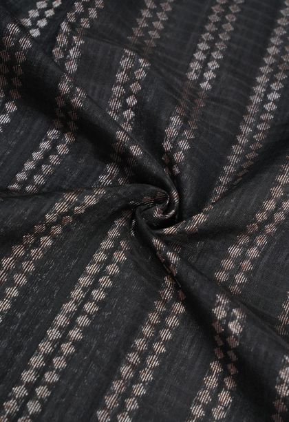 Asphalt Black Jute Sarees with Copper Zari Stripes