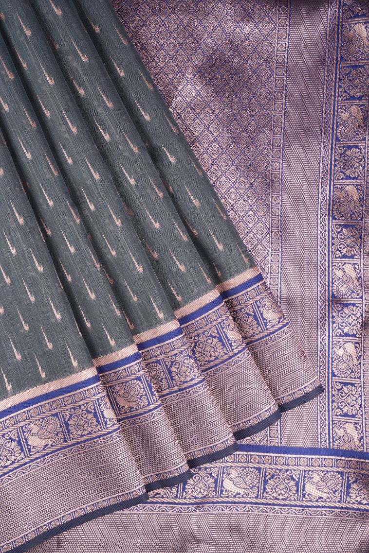 Gray Black Tussar Saree with Copper Zari Stripes view 1