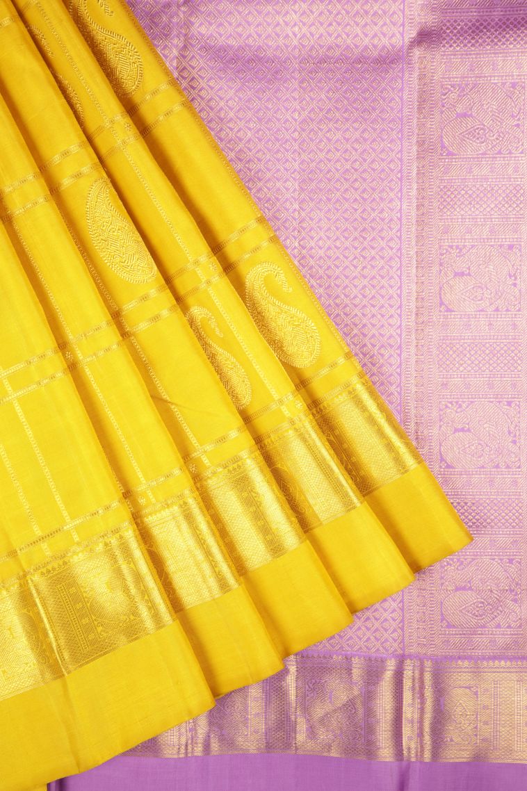 Gold Kanchipuram Silk Sarees with Gold Zari Checks view 1