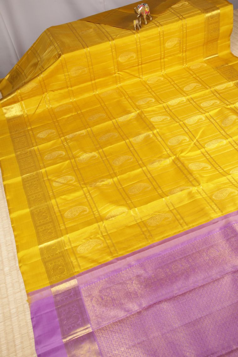 Gold Kanchipuram Silk Sarees with Gold Zari Checks view 2