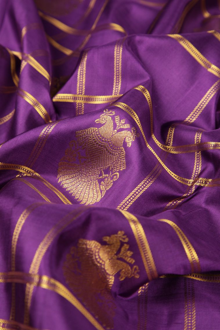 Viola Purple Kanchipuram Silk Sarees with Gold Zari Checks view 4