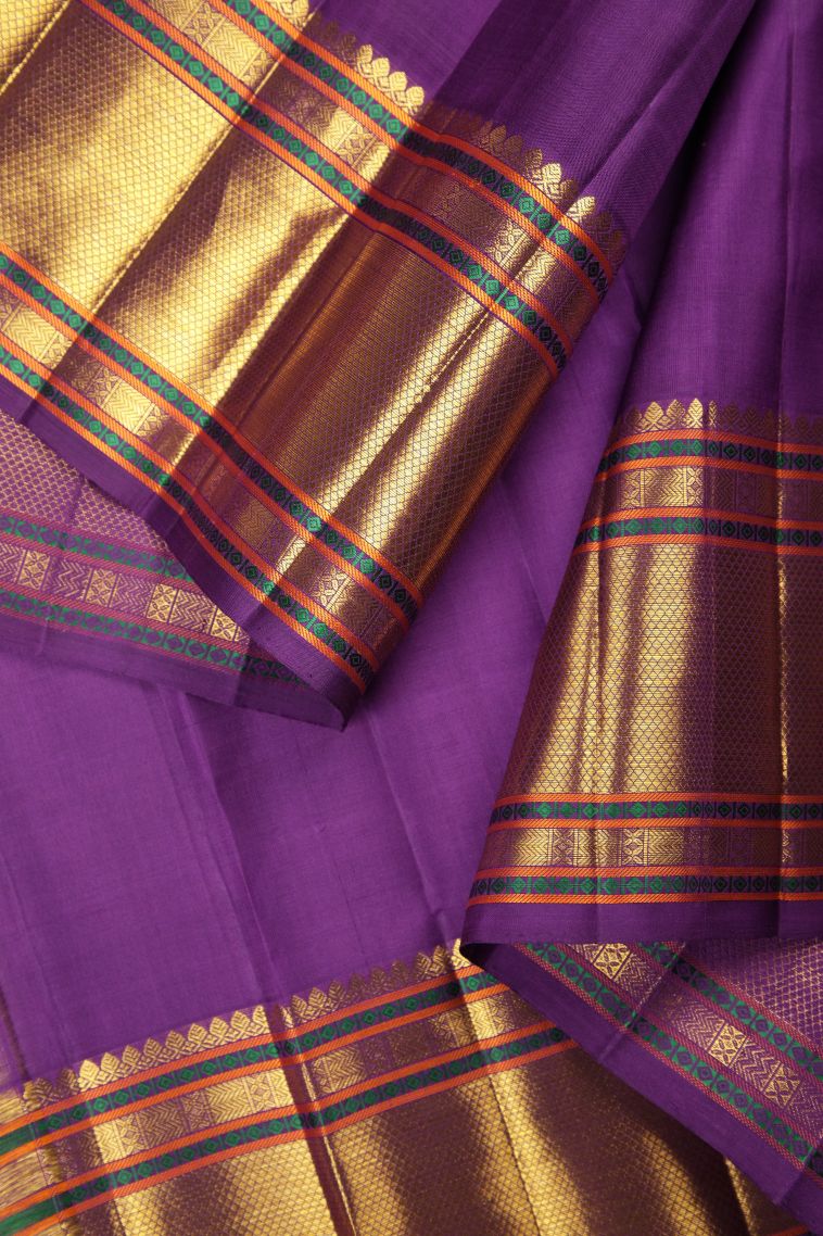 Viola Purple Kanchipuram Silk Sarees with Gold Zari Checks view 3