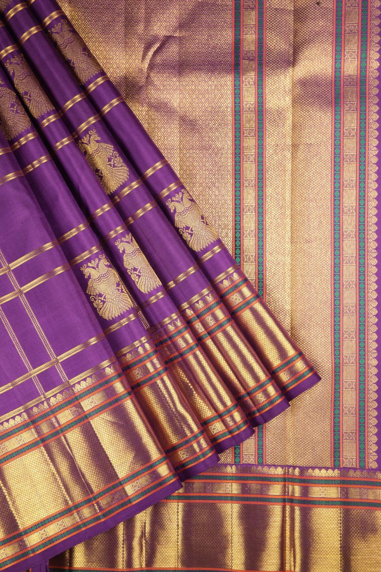 Viola Purple Kanchipuram Silk Sarees with Gold Zari Checks view 1