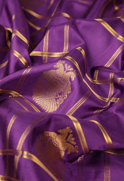 Viola Purple Kanchipuram Silk Sarees with Gold Zari Checks