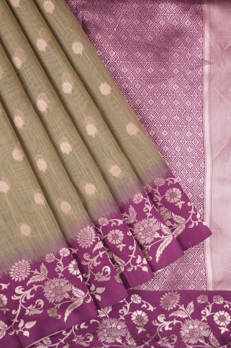 Cream White Tussar Saree with Copper Zari Buttis (small Dots Or Motifs) view 1