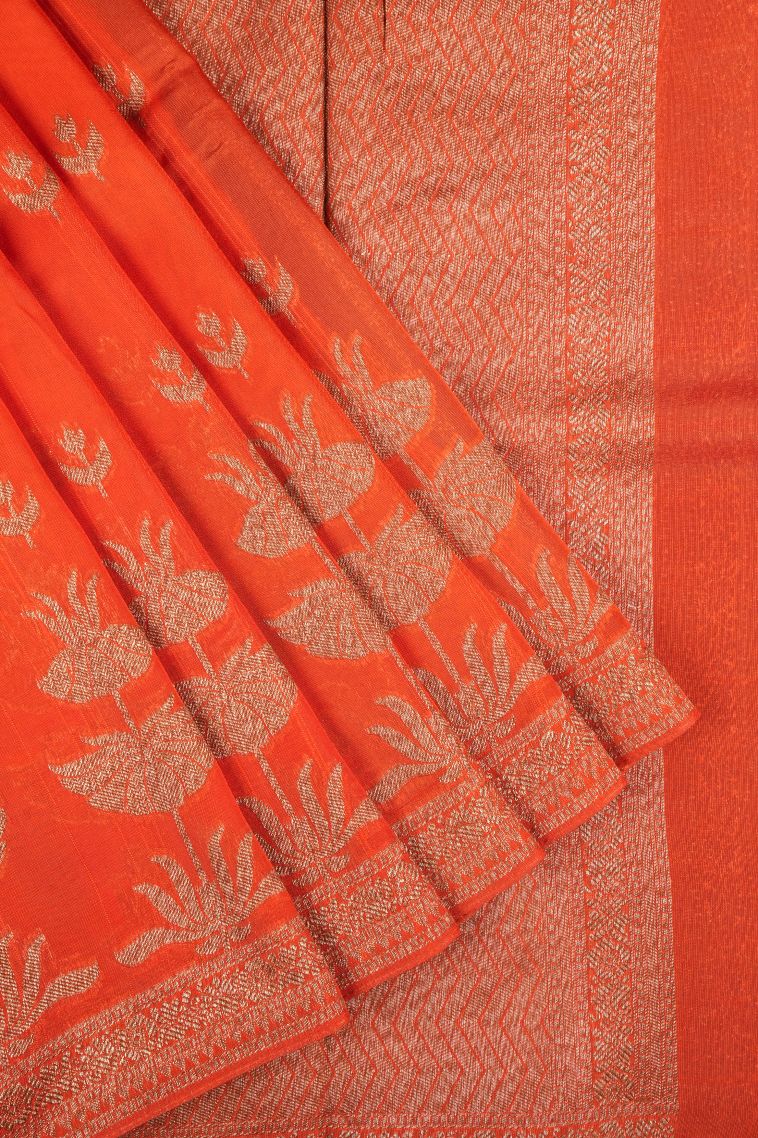 Tiger Orange Banaras Sarees with Copper Zari Buttis (small Dots Or Motifs) view 1