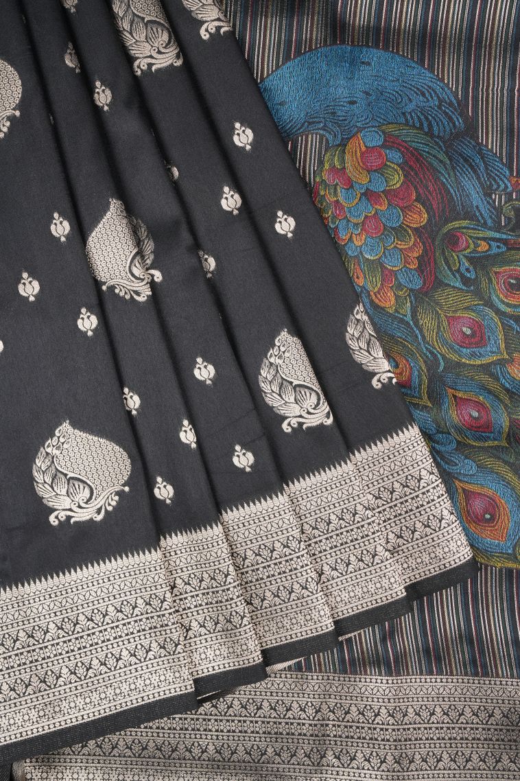 Asphalt Black Banaras Sarees with Copper Zari Buttis (small Dots Or Motifs) view 1