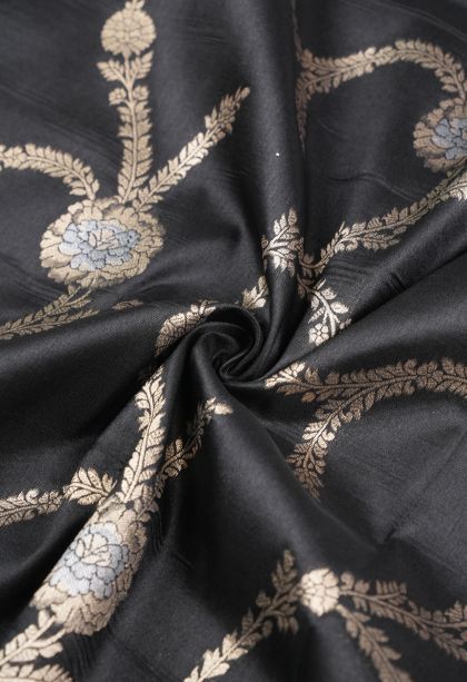 Asphalt Black Banaras Sarees with Copper Zari Floral Patterns