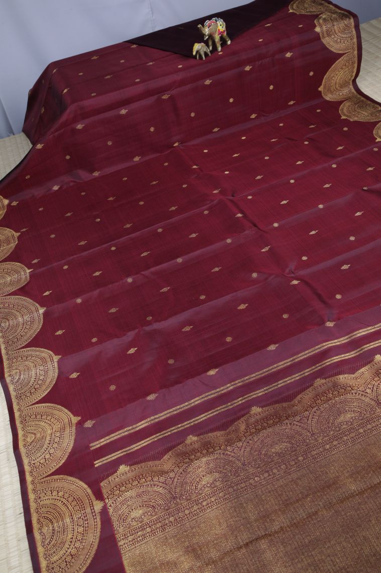 Berry Red Kanchipuram Silk Sarees with Gold Zari Buttis (small Dots Or Motifs) view 2