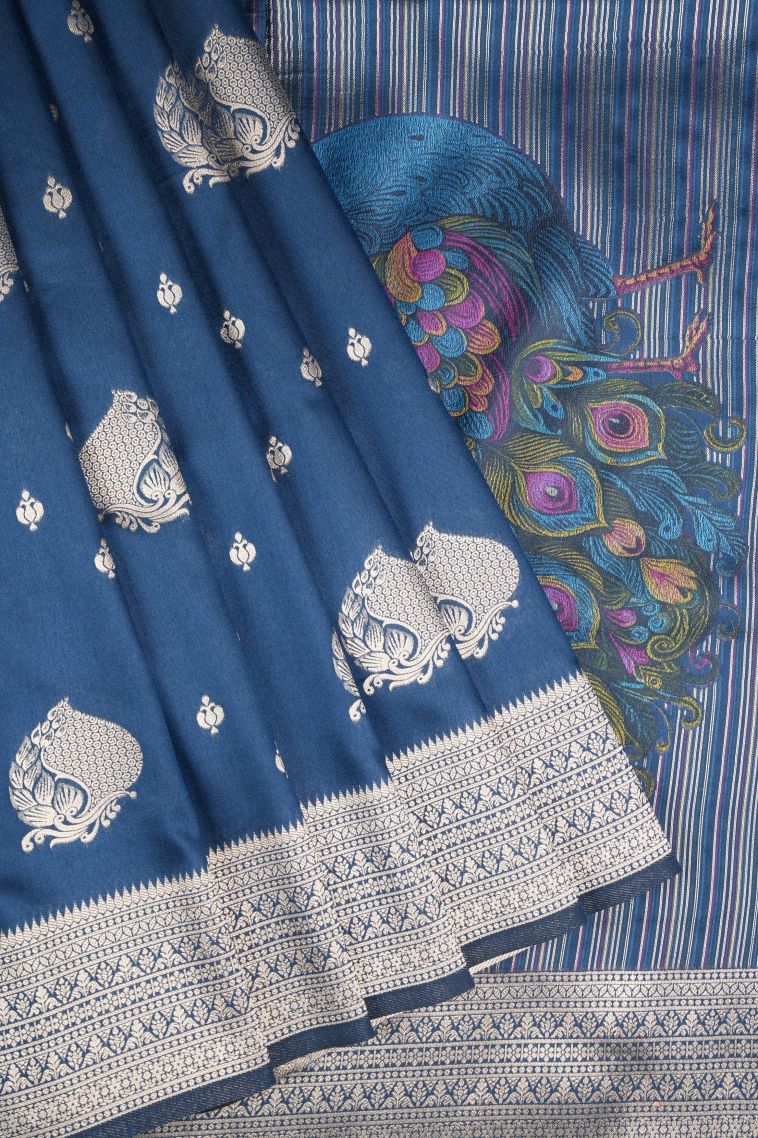 Aegean Blue Banaras Sarees with Copper Zari Buttis (small Dots Or Motifs) view 1