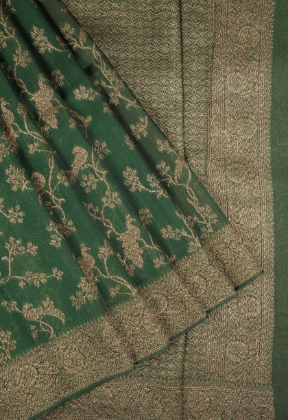 Basil Green Banaras Sarees with Copper Zari Floral Patterns