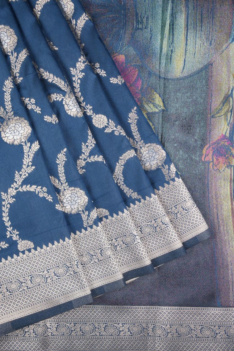 Aegean Blue Banaras Sarees with Copper Zari Floral Patterns view 1