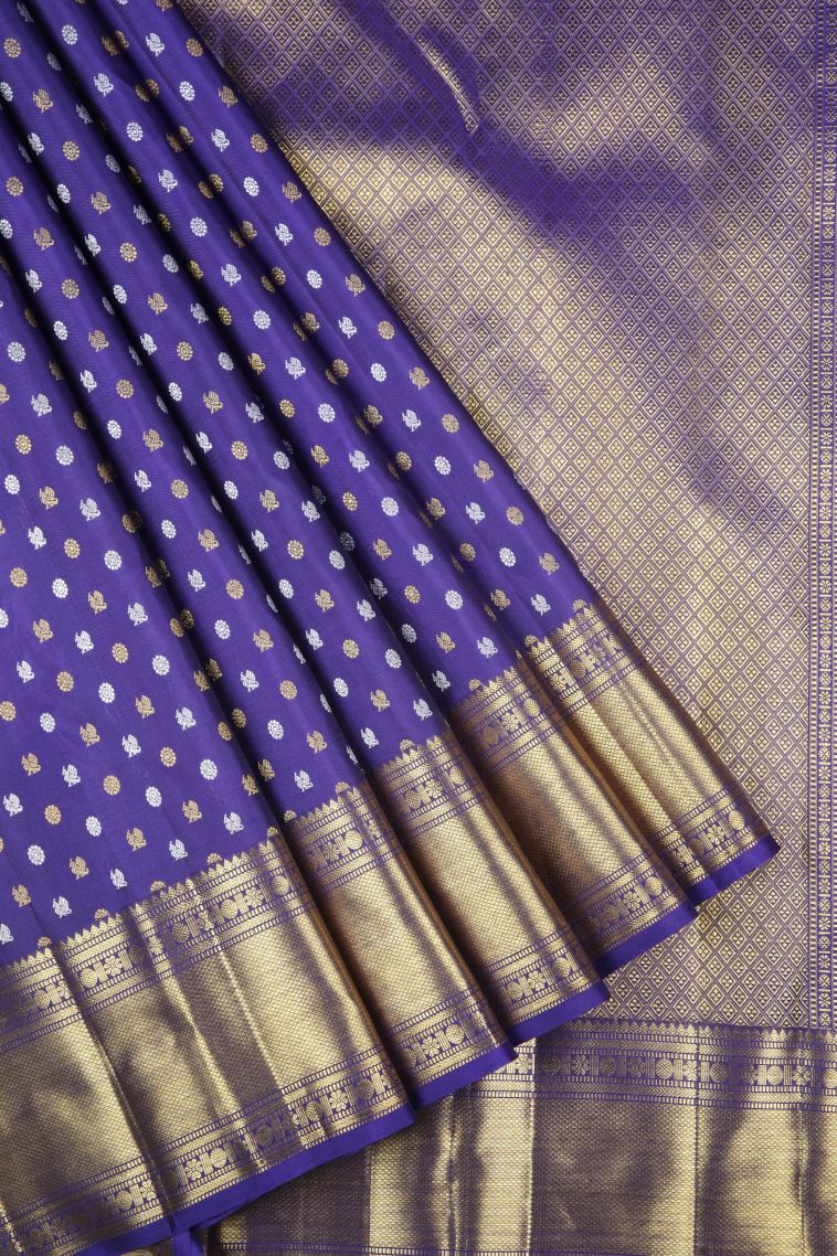 Admiral Blue Kanchipuram Silk Sarees with Gold And Silver Zari Peacock Motifs view 1