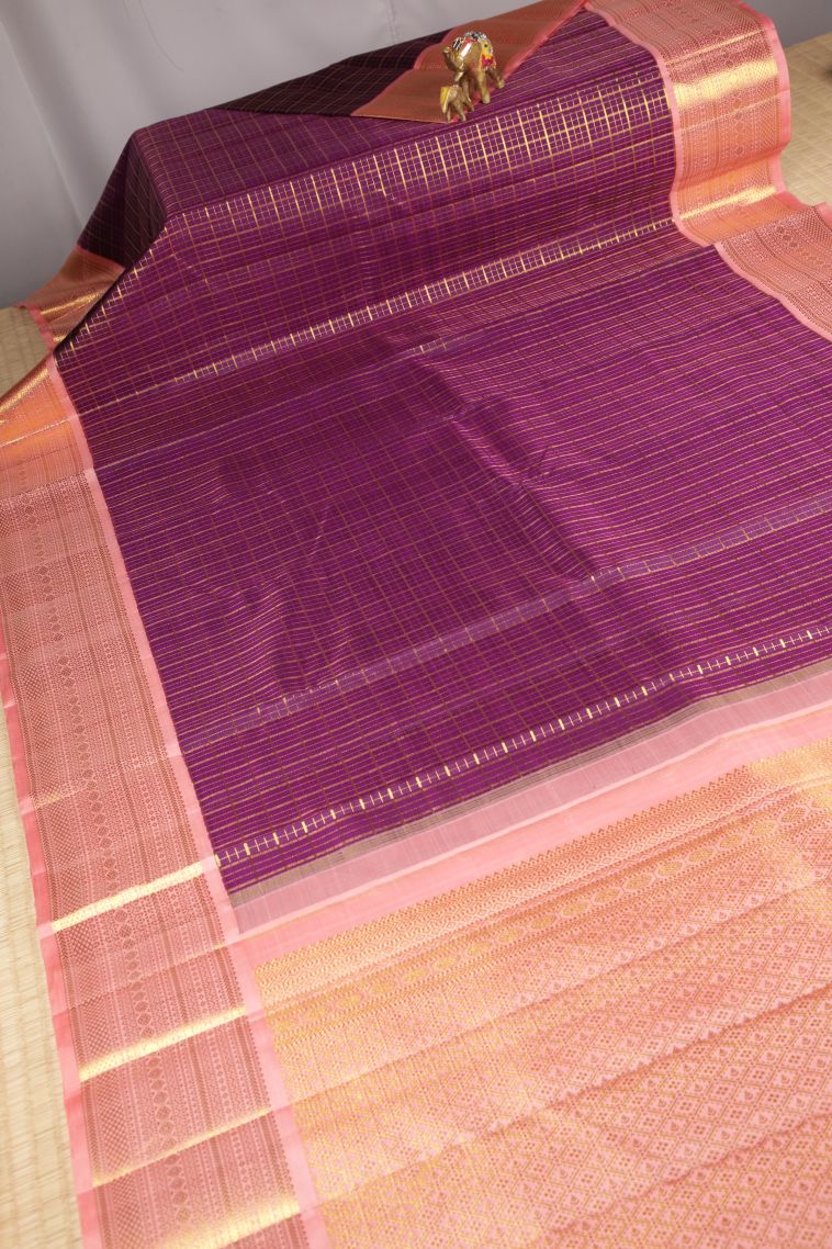 Magenta Purple Kanchipuram Silk Sarees with Gold Zari Checks view 2