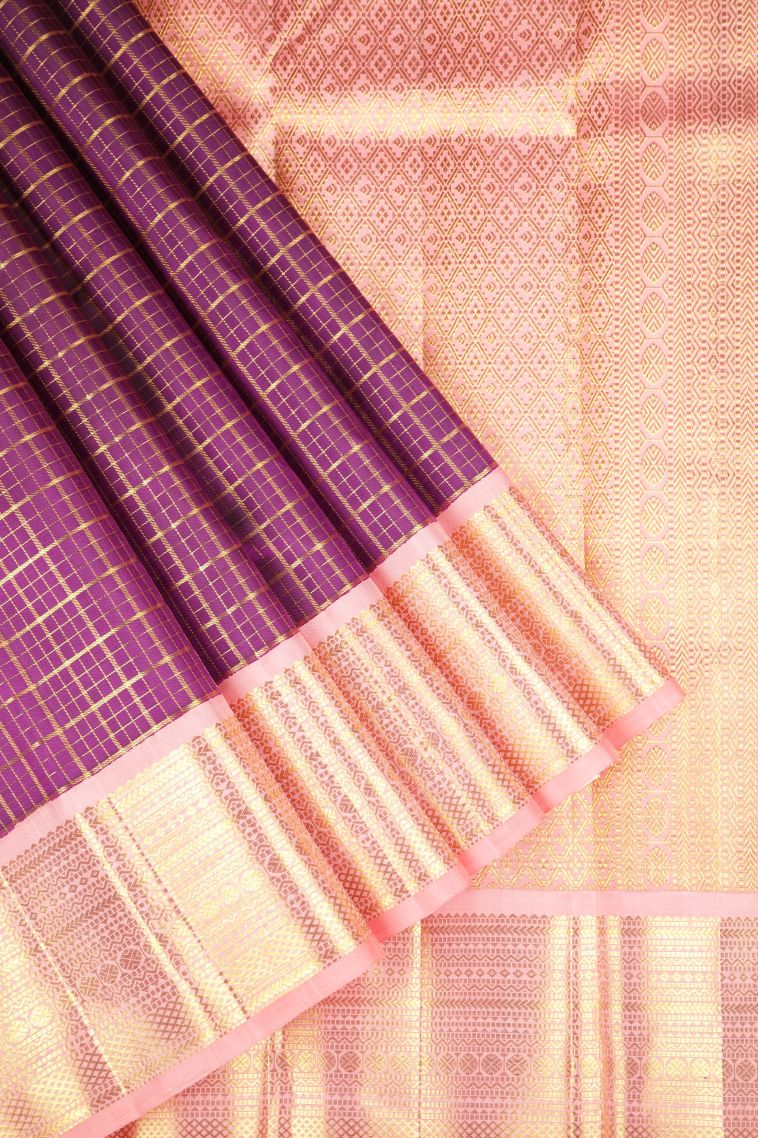 Magenta Purple Kanchipuram Silk Sarees with Gold Zari Checks view 1
