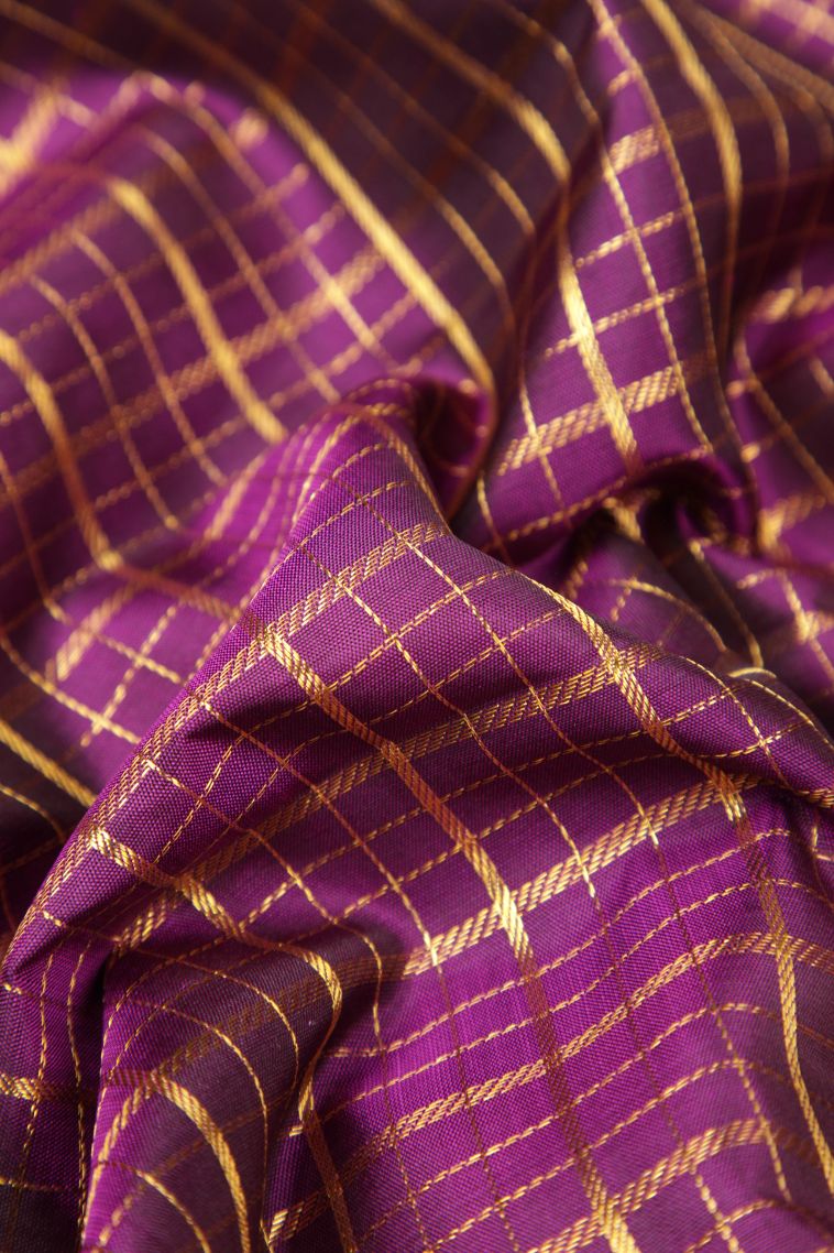 Magenta Purple Kanchipuram Silk Sarees with Gold Zari Checks view 4