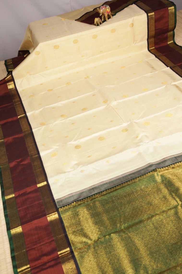 Cream White Kanchipuram Silk Sarees with Gold Zari Buttis (small Dots Or Motifs) view 2