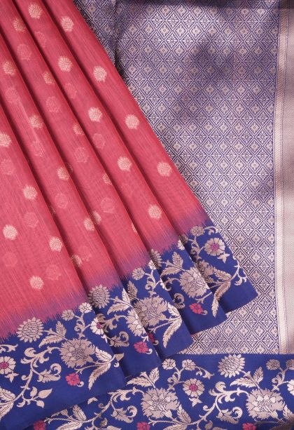 Punch Pink Tussar Saree with Copper Zari Buttis (small Dots Or Motifs)
