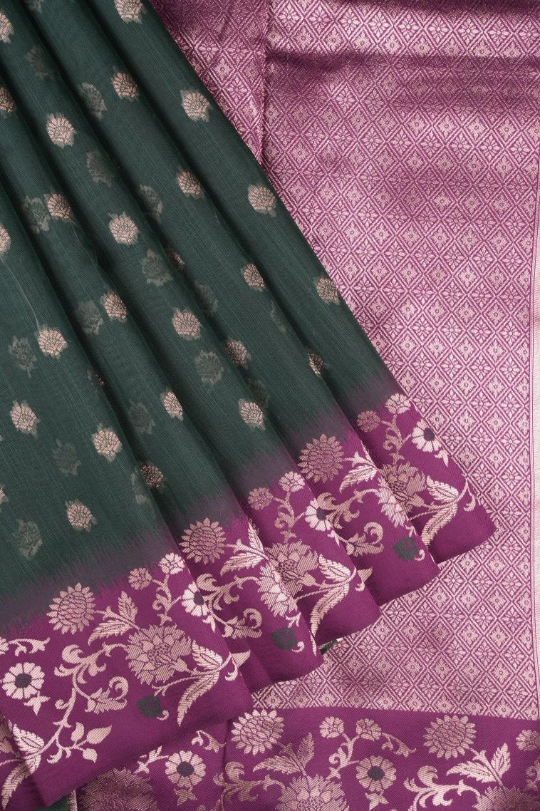 Bottle Green Tussar Saree with Copper Zari Buttis (small Dots Or Motifs) view 1