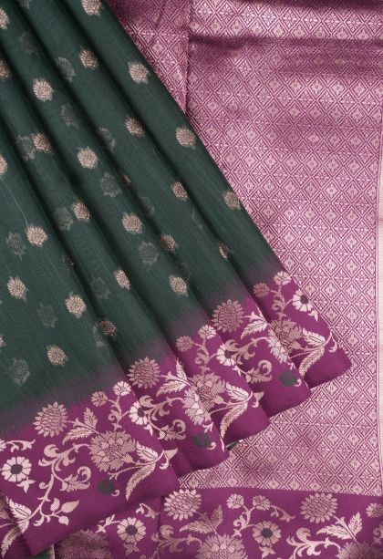 Bottle Green Tussar Saree with Copper Zari Buttis (small Dots Or Motifs)