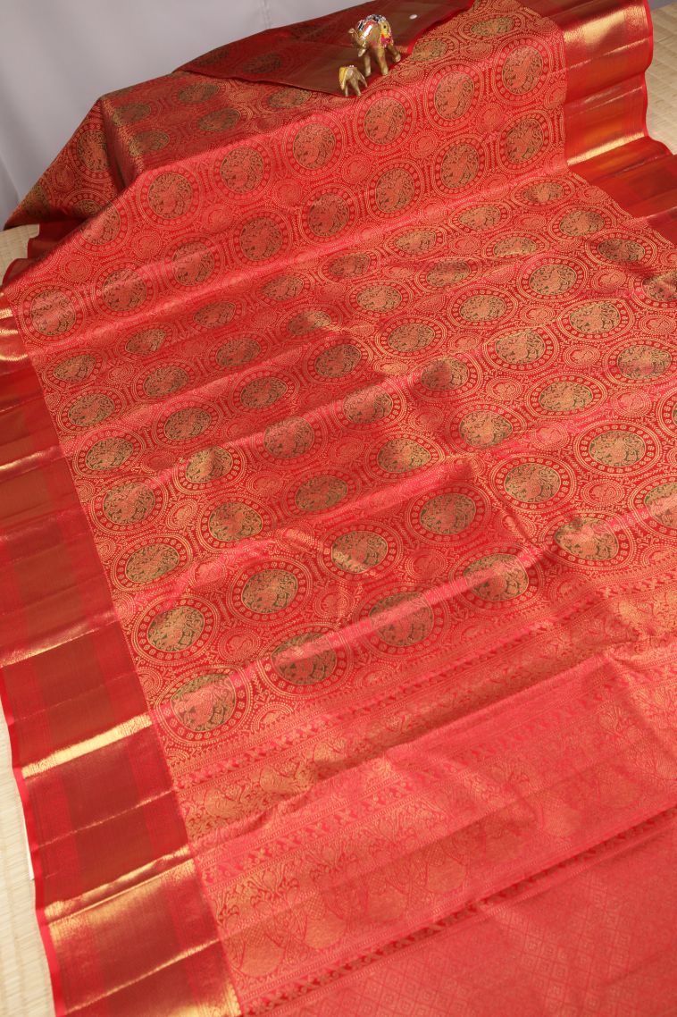 Candy Red Kanchipuram Silk Sarees with Gold Zari Floral Patterns view 2
