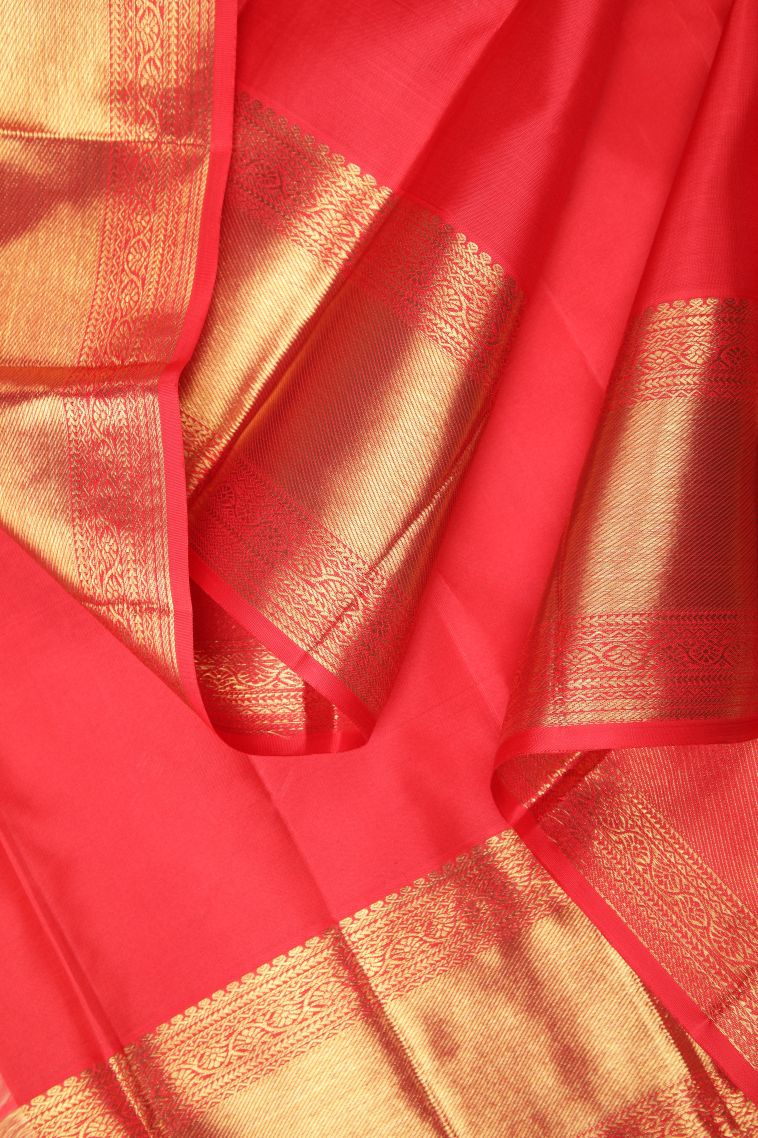 Candy Red Kanchipuram Silk Sarees with Gold Zari Floral Patterns view 3