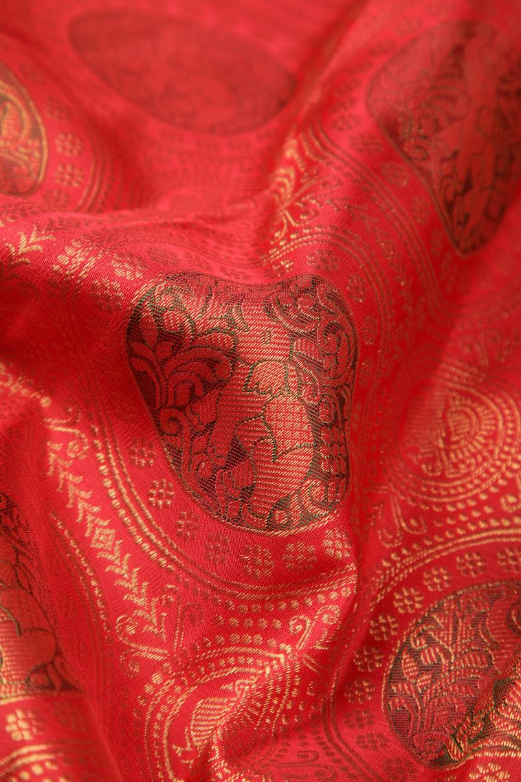 Candy Red Kanchipuram Silk Sarees with Gold Zari Floral Patterns view 4