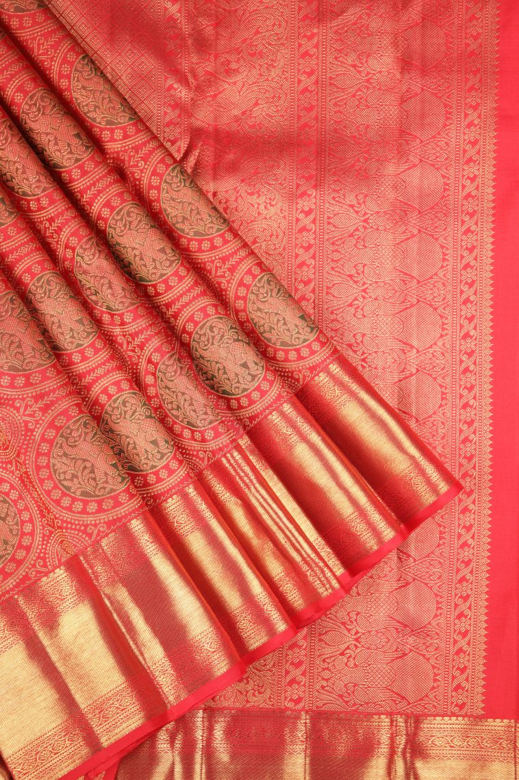 Candy Red Kanchipuram Silk Sarees with Gold Zari Floral Patterns