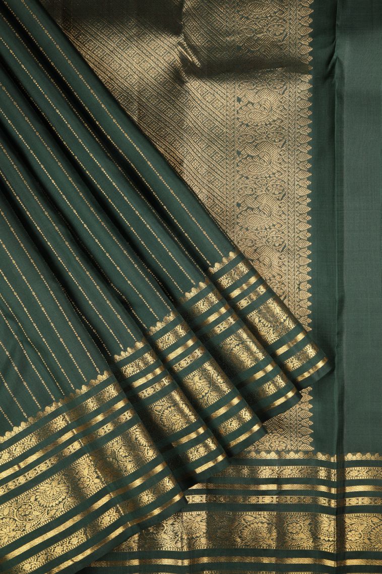 Bottle Green Kanchipuram Silk Sarees with Gold Zari Stripes view 1