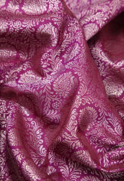 Magenta Purple Kanchipuram Silk Sarees with Silver Zari Floral Patterns