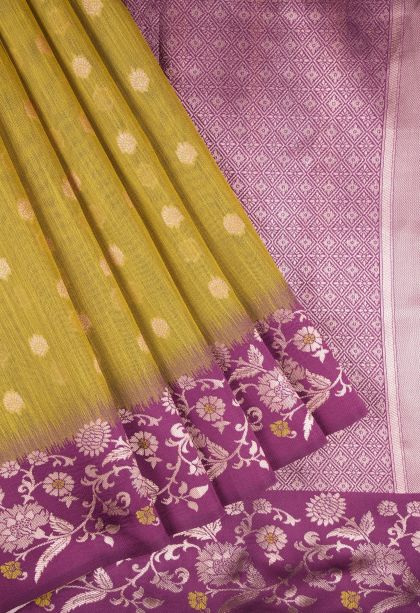 Lime Green Tussar Saree with Copper Zari Buttis (small Dots Or Motifs)