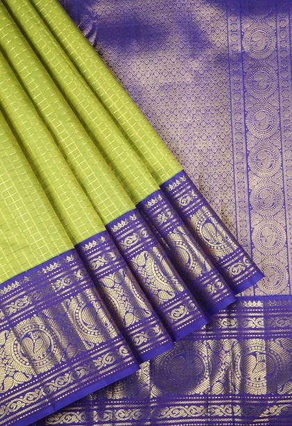 Lime Green Kanchipuram Silk Sarees with Gold Zari Checks